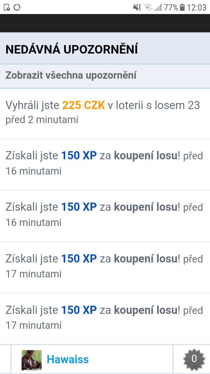 1. Výhra 225CZK na web loterii! :)